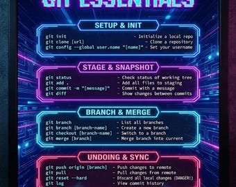 Git Essentials Spickzettel Poster - Vertikale Coding Wandkunst - Digitaler Download für Programmierer