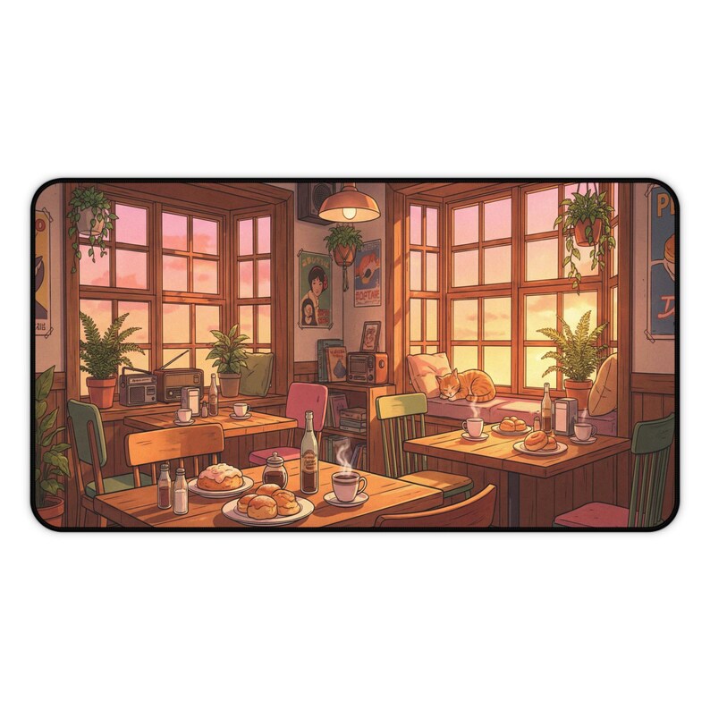 Cozy Lofi Cafe Desk Mat, Anime Sunset Scenery Mousepad, Cute Cat & Coffee Shop XXL Gaming Pad, Warm Aesthetic Office Decor, Study Space Gift image 4