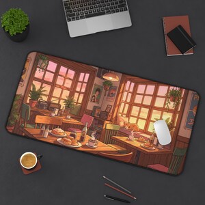 Cozy Lofi Cafe Desk Mat, Anime Sunset Scenery Mousepad, Cute Cat & Coffee Shop XXL Gaming Pad, Warm Aesthetic Office Decor, Study Space Gift image 10