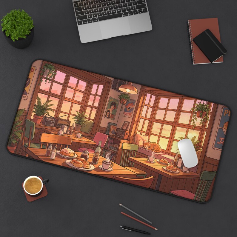 Cozy Lofi Cafe Desk Mat, Anime Sunset Scenery Mousepad, Cute Cat & Coffee Shop XXL Gaming Pad, Warm Aesthetic Office Decor, Study Space Gift image 10