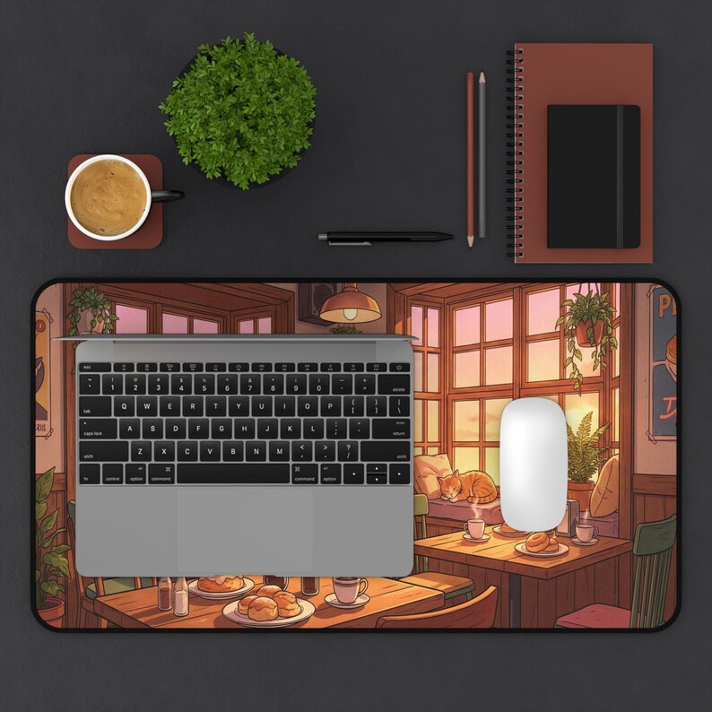 Cozy Lofi Cafe Desk Mat, Anime Sunset Scenery Mousepad, Cute Cat & Coffee Shop XXL Gaming Pad, Warm Aesthetic Office Decor, Study Space Gift image 11