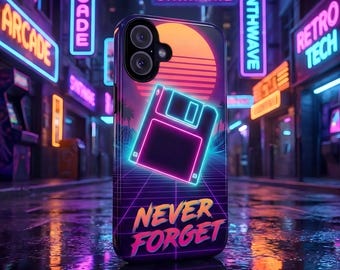 Retro Floppy Disk Tough Phone Case, iPhone 17 Air 16 15 Pro Max, Samsung S25 S24 Ultra Cover, 90s Nostalgia Programmer Gift, Synthwave Tech