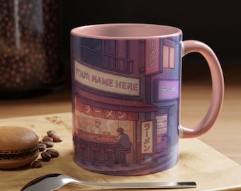 Personalized Lofi Ramen Shop Mug, Custom Name Japanese Aesthetic Cup, Retro Anime Cityscape, Neon Glow Coffee Cup, Cozy Gamer Gift