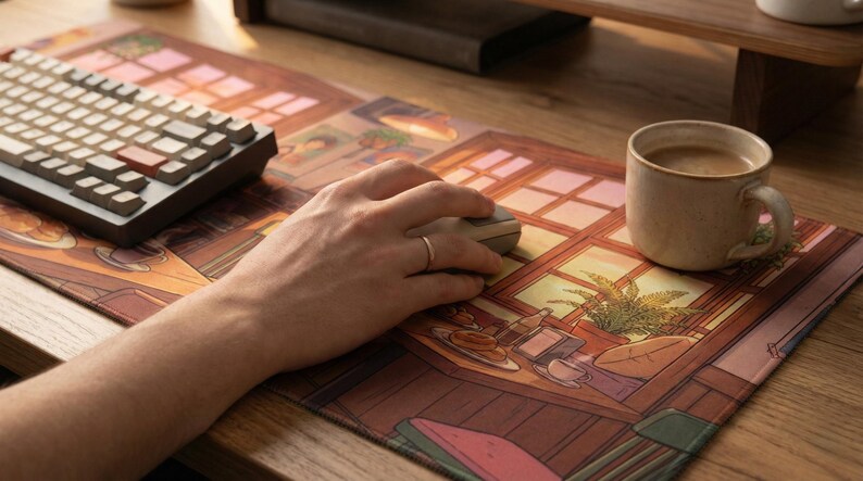 Cozy Lofi Cafe Desk Mat, Anime Sunset Scenery Mousepad, Cute Cat & Coffee Shop XXL Gaming Pad, Warm Aesthetic Office Decor, Study Space Gift image 7