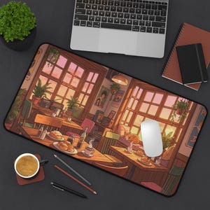 Cozy Lofi Cafe Desk Mat, Anime Sunset Scenery Mousepad, Cute Cat & Coffee Shop XXL Gaming Pad, Warm Aesthetic Office Decor, Study Space Gift image 9