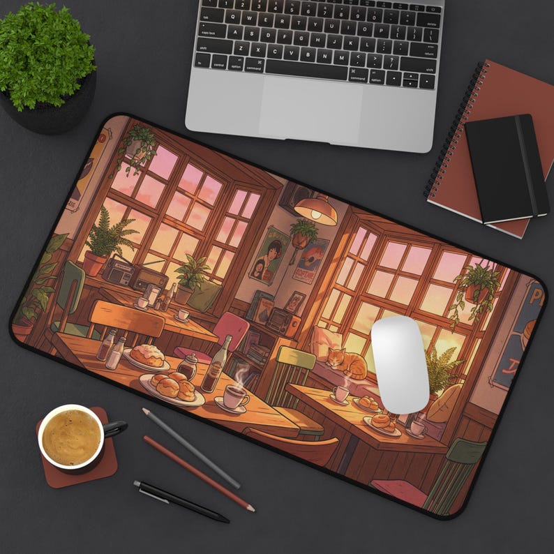 Cozy Lofi Cafe Desk Mat, Anime Sunset Scenery Mousepad, Cute Cat & Coffee Shop XXL Gaming Pad, Warm Aesthetic Office Decor, Study Space Gift image 9