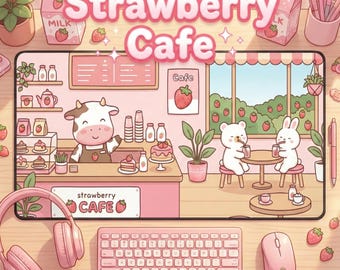 Strawberry Cow Desk Mat, Pink Kawaii Mousepad, Gamer Girl Decor, Kawaii Cafe Extended Gaming Pad