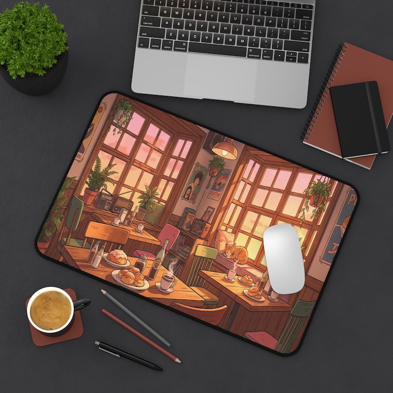 Cozy Lofi Cafe Desk Mat, Anime Sunset Scenery Mousepad, Cute Cat & Coffee Shop XXL Gaming Pad, Warm Aesthetic Office Decor, Study Space Gift image 8