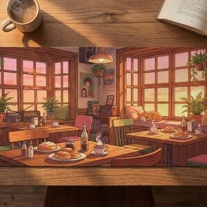 Cozy Lofi Cafe Desk Mat, Anime Sunset Scenery Mousepad, Cute Cat & Coffee Shop XXL Gaming Pad, Warm Aesthetic Office Decor, Study Space Gift image 2