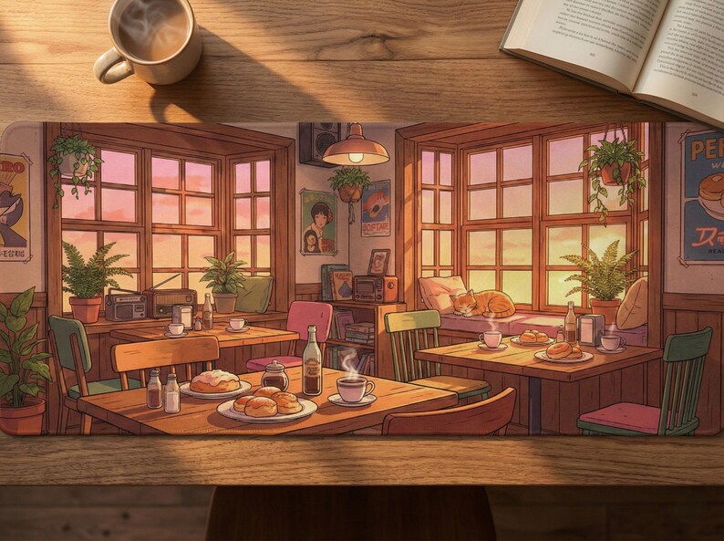 Cozy Lofi Cafe Desk Mat, Anime Sunset Scenery Mousepad, Cute Cat & Coffee Shop XXL Gaming Pad, Warm Aesthetic Office Decor, Study Space Gift image 2