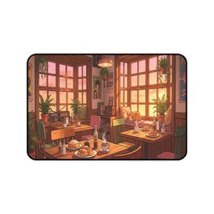 Cozy Lofi Cafe Desk Mat, Anime Sunset Scenery Mousepad, Cute Cat & Coffee Shop XXL Gaming Pad, Warm Aesthetic Office Decor, Study Space Gift image 3