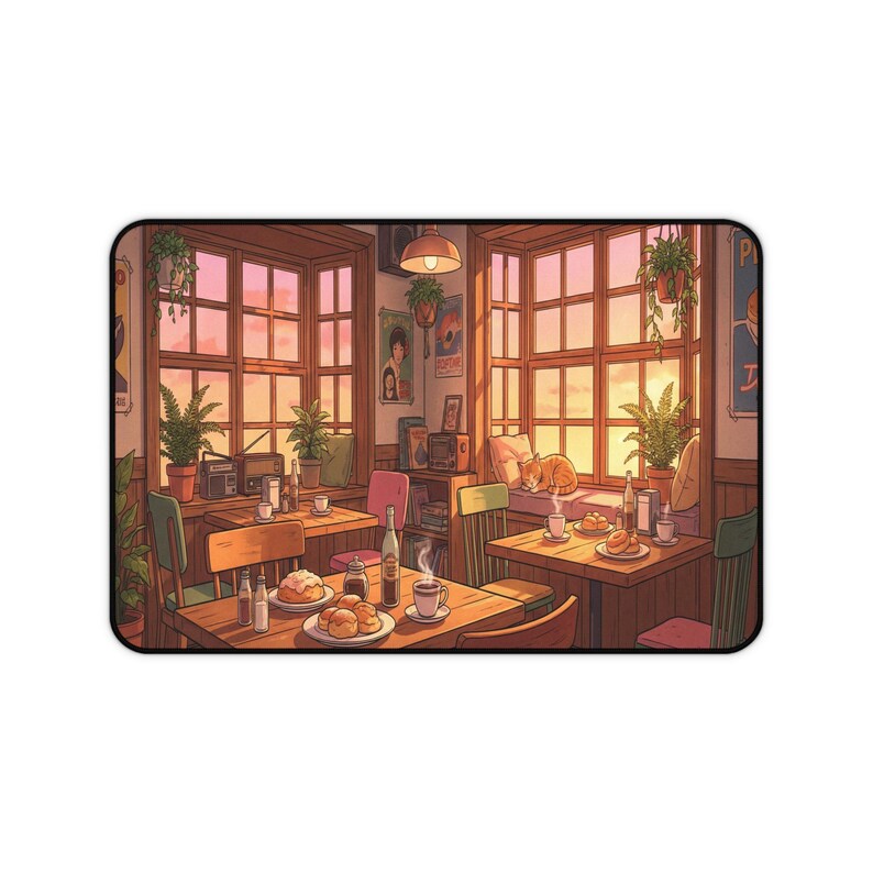 Cozy Lofi Cafe Desk Mat, Anime Sunset Scenery Mousepad, Cute Cat & Coffee Shop XXL Gaming Pad, Warm Aesthetic Office Decor, Study Space Gift image 3