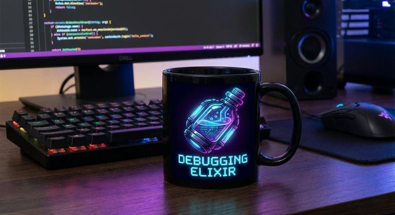 Debugging Elixir Mug, Funny Programmer Gift, Cyberpunk Coffee Cup, Coding Humor, Software Engineer Present, Gamer Potion, CS Student image 2
