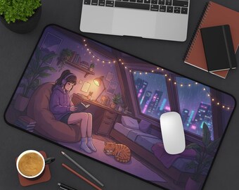 LoFi Desk Mat, Cozy Attic Room Mousepad, Anime Girl Reading, Rainy Night City, XXL Gaming Pad, Book Lover Gift, Cute Cat Desk Pad