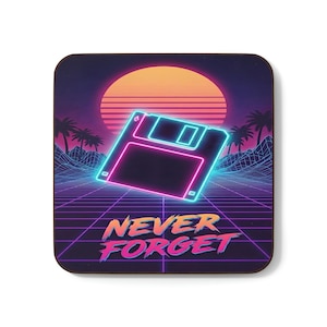 Retro diskettunderlägg, neonfärgad sparikon-dryckesmatta, synthwave-skrivbordsdekor, programmeringspresent, 90-talsnostalgi, datavetenskap, 80-talssynthwave