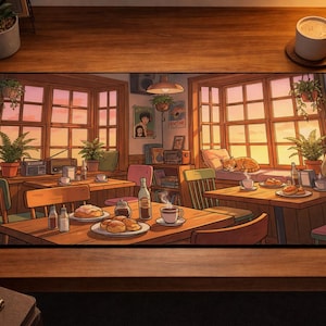 Cozy Lofi Cafe Desk Mat, Anime Sunset Scenery Mousepad, Cute Cat & Coffee Shop XXL Gaming Pad, Warm Aesthetic Office Decor, Study Space Gift image 1
