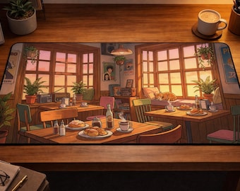 Cozy Lofi Cafe Desk Mat, Anime Sunset Scenery Mousepad, Cute Cat & Coffee Shop XXL Gaming Pad, Warm Aesthetic Office Decor, Study Space Gift