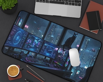 Personalized Cyberpunk Cat Desk Mat | Neon Hacker Setup XXL Mousepad | Custom Netrunner Name | Scifi Kitten Art | Programmer Gift for Him