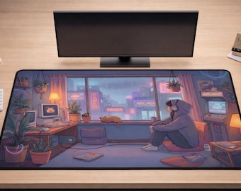 LoFi Aesthetic Desk Mat, Cozy Rainy Room Gaming Mouse Pad, Anime Cityscape Large Mousepad, Retro Synthwave Office Decor, Gift for Gamer