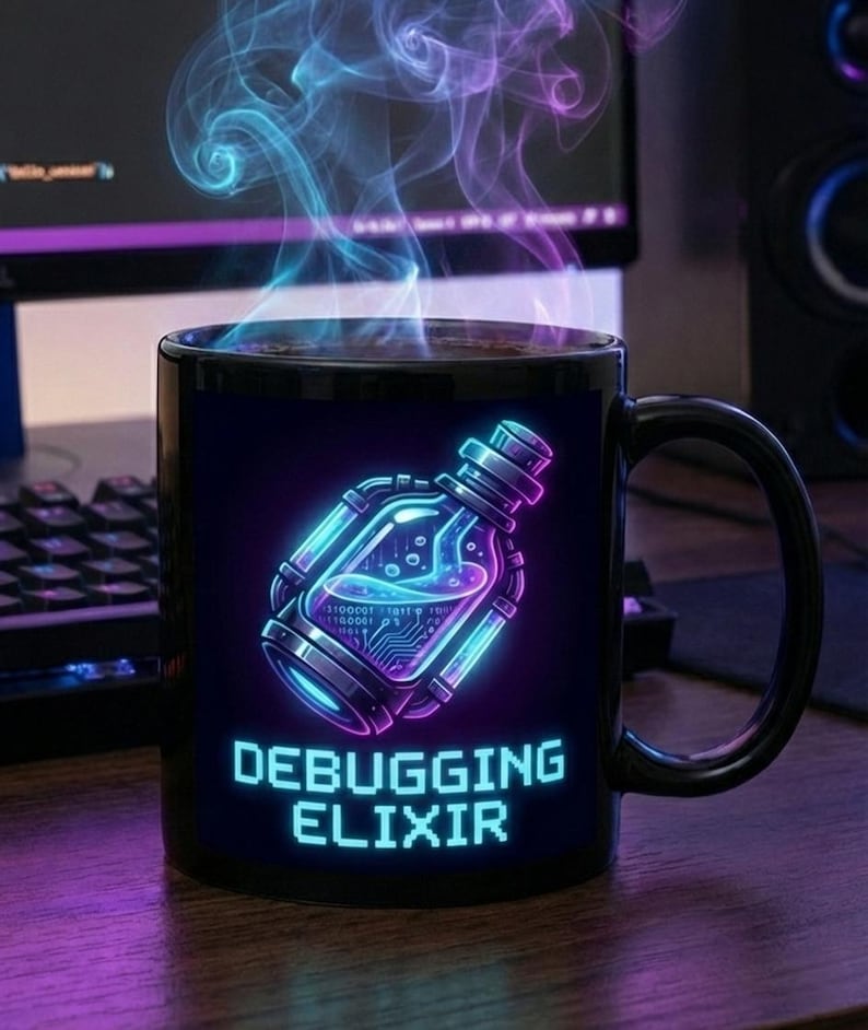 Debugging Elixir Mug, Funny Programmer Gift, Cyberpunk Coffee Cup, Coding Humor, Software Engineer Present, Gamer Potion, CS Student image 1