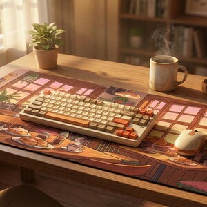 Cozy Lofi Cafe Desk Mat, Anime Sunset Scenery Mousepad, Cute Cat & Coffee Shop XXL Gaming Pad, Warm Aesthetic Office Decor, Study Space Gift image 6