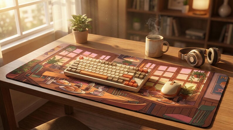 Cozy Lofi Cafe Desk Mat, Anime Sunset Scenery Mousepad, Cute Cat & Coffee Shop XXL Gaming Pad, Warm Aesthetic Office Decor, Study Space Gift image 6