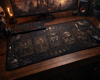 Witchy Desk Mat, Gothic Mouse Pad, Dark Academia Decor, Tarot Card XL Keyboard Pad, Faux Leather Look Spellbook Gaming Mat