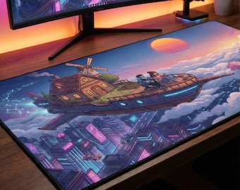 Custom Couple Name Desk Mat, Lofi Flying House Mousepad, Dreamy Sunset Gaming Setup, Romantic Valentines Day Present