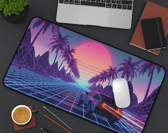 Personalized Synthwave Desk Mat, Custom Name Retro Vaporwave Mouse Pad, 80s Neon Outrun Sunset XXL Mousepad, Cyberpunk Car, Gamer Gift