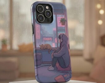 LoFi Aesthetic Tough iPhone Case, Cozy Anime Rainy Room, Kawaii Cat Art Cover for iPhone 17 16 15 Pro Max Plus, Japanese Neon City