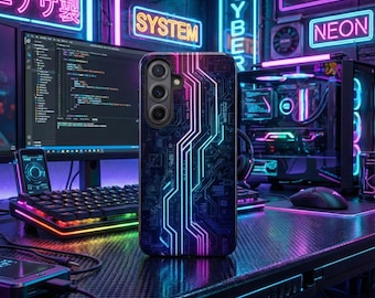 Cyberpunk Circuit Board Tough Case, iPhone 16 15 14 Pro Max Samsung S25 S24 Ultra Cover, Futuristic Motherboard, Gamer Programmer Gift