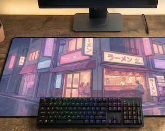 Personalized Anime Desk Mat, Custom Name Japanese Ramen Shop Mousepad, Lofi Rain Aesthetic Gaming Setup, Cozy Street Art, XXL Neon Gift