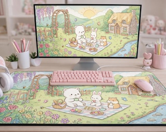 Kawaii Desk Mat, Cottagecore Picnic Mousepad, Cute Bear Bunny XL Gaming Pad, Pastel Green Office Decor, Cozy Desk Setup Gift for Her