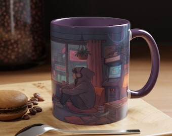 LoFi Aesthetic Mug, Cozy Rainy Room Coffee Cup, Anime Gamer Girl Gift, Kawaii Cat Tea Cup, Japanese Neon City