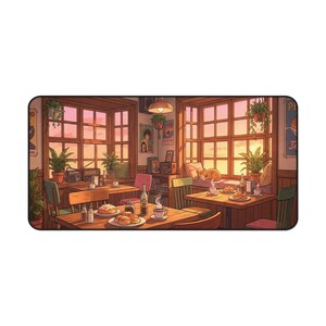 Cozy Lofi Cafe Desk Mat, Anime Sunset Scenery Mousepad, Cute Cat & Coffee Shop XXL Gaming Pad, Warm Aesthetic Office Decor, Study Space Gift image 5