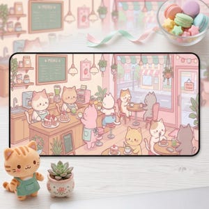 Kawaii Cat Cafe Desk Mat, Cozy Gamer Setup Accessories, Large Pastel Pink Mousepad, Cute Kitten Keyboard Pad