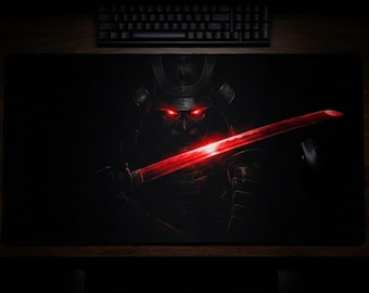 Shadow Samurai Gaming Desk Mat | Red Katana Art XXL Mousepad | Dark Japanese Setup | Personalized Mouse Pad | Ronin Warrior Pad