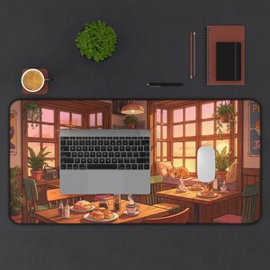 Cozy Lofi Cafe Desk Mat, Anime Sunset Scenery Mousepad, Cute Cat & Coffee Shop XXL Gaming Pad, Warm Aesthetic Office Decor, Study Space Gift image 12