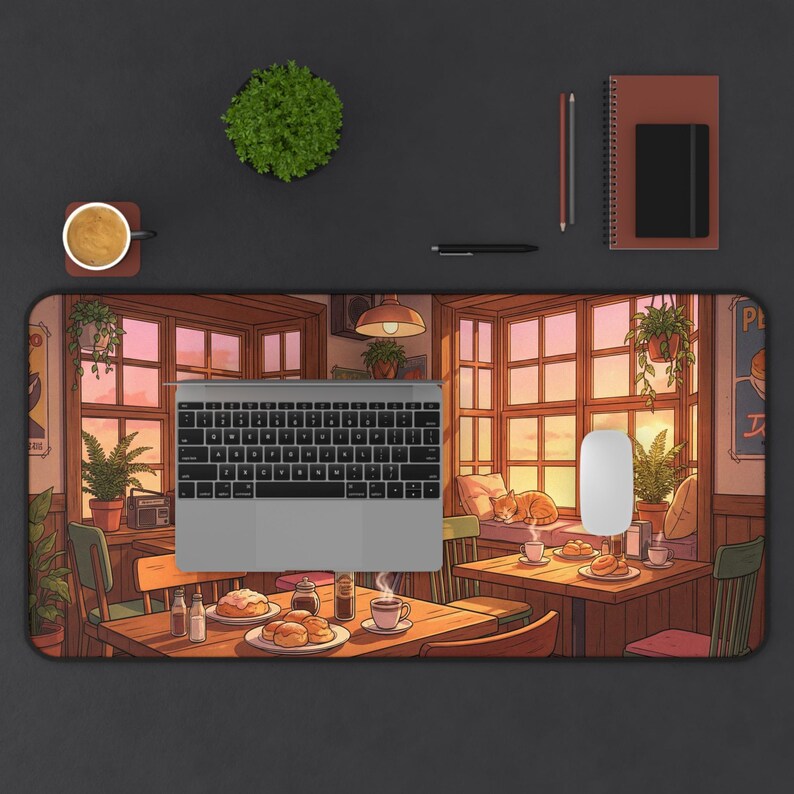 Cozy Lofi Cafe Desk Mat, Anime Sunset Scenery Mousepad, Cute Cat & Coffee Shop XXL Gaming Pad, Warm Aesthetic Office Decor, Study Space Gift image 12