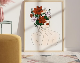 Botanical Woman Portrait Print | Terracotta Boho Art (Digital Download)