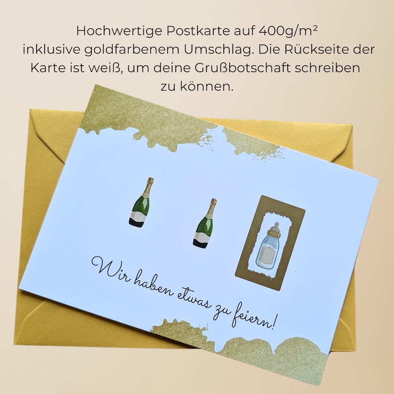 May include: A white postcard with gold accents and a gold envelope. The card features illustrations of champagne bottles and a baby bottle, with the text "Wir haben etwas zu feiern!"