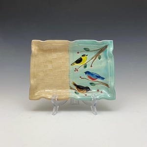 Hand made Ceramic Tray | Bird and  Basket Weave Design | Pottery Serving Tray