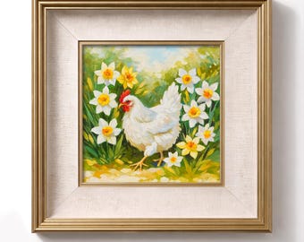 Original Ölgemälde eines Huhns, weißes Huhn mit Narzissen, impressionistische Tierkunst, Impasto-Leinwand, rustikales Wanddekor