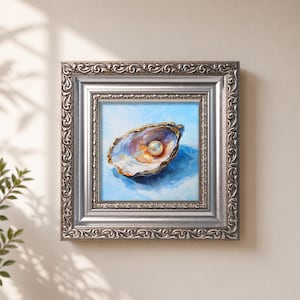 Original Ölgemälde Oyster Pearl Seashell Art, Mini Küstenozean Kunstwerk