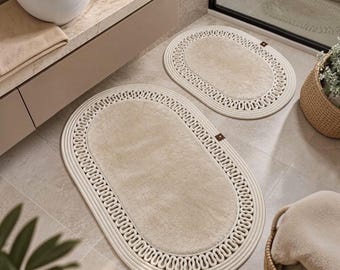 Flauschiges Badvorleger Set 2er, Ovaler Plüsch Badezimmer Teppich mit Seil-Optik, Rutschfest & Weich, Moderne Boho Deko für Badezimmer