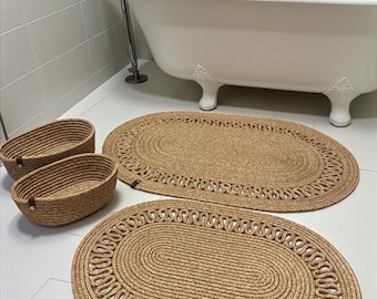 Jute Fußmatte Set, Boho Badematte Oval, Seil Teppich 4-teilig, Haustürmatte, Badteppich Waschbar, Innen Fußmatte, Jute Korb Set, Türvorleger
