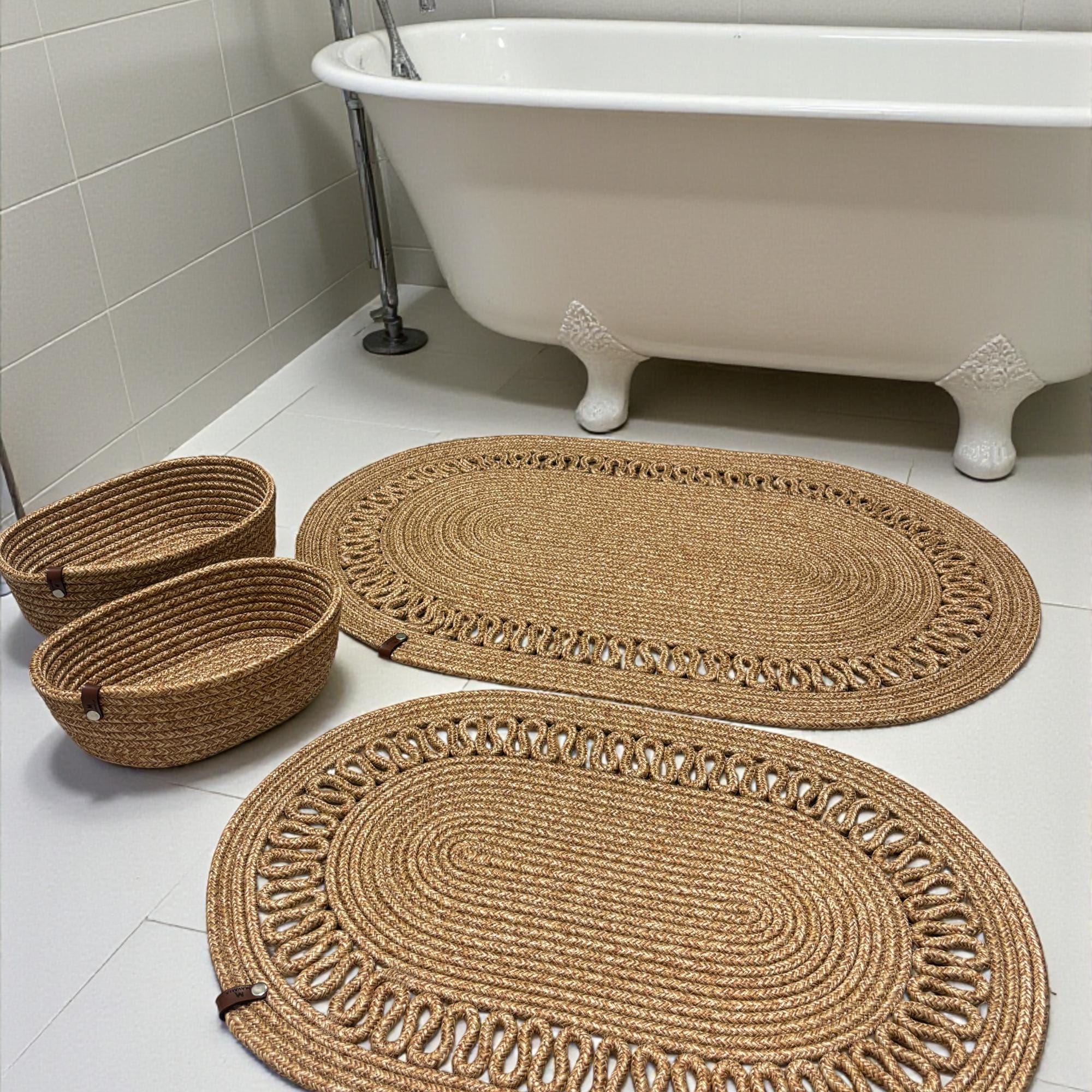 Jute Fußmatte Set, Boho Badematte Oval, Seil Teppich 4-teilig, Haustürmatte, Badteppich Waschbar, Innen Fußmatte, Jute Korb Set, Türvorleger