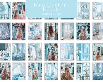 May include: A collection of images with a consistent blue color scheme. The images feature interior design elements, including bedrooms, furniture, and decorative items. The text "Blue Content bundle" is displayed at the top.