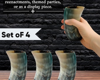 Viking Horn Mug Set of 4, Polished Ox Horn Tankards, Mead & Ale Cups