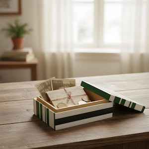 May include: A white wooden box with green and black striped detailing, containing vintage photographs, letters tied with red string, and coins. The lid is ajar. The box sits on a wooden table. The box's contents are visible.